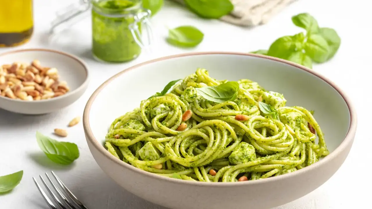 Der beste Spaghettisalat mit Pesto, garniert mit Pinienkernen und frischem Basilikum. Ein Genuss für Augen und Gaumen!