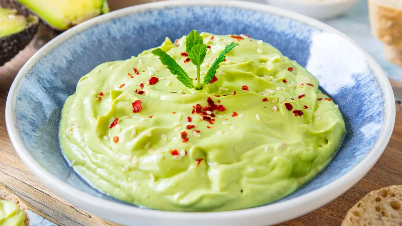 Cremige Avocado-Creme in einer blauen Schüssel, garniert mit Minze, Sesam und Chiliflocken. Daneben liegen Brotscheiben.