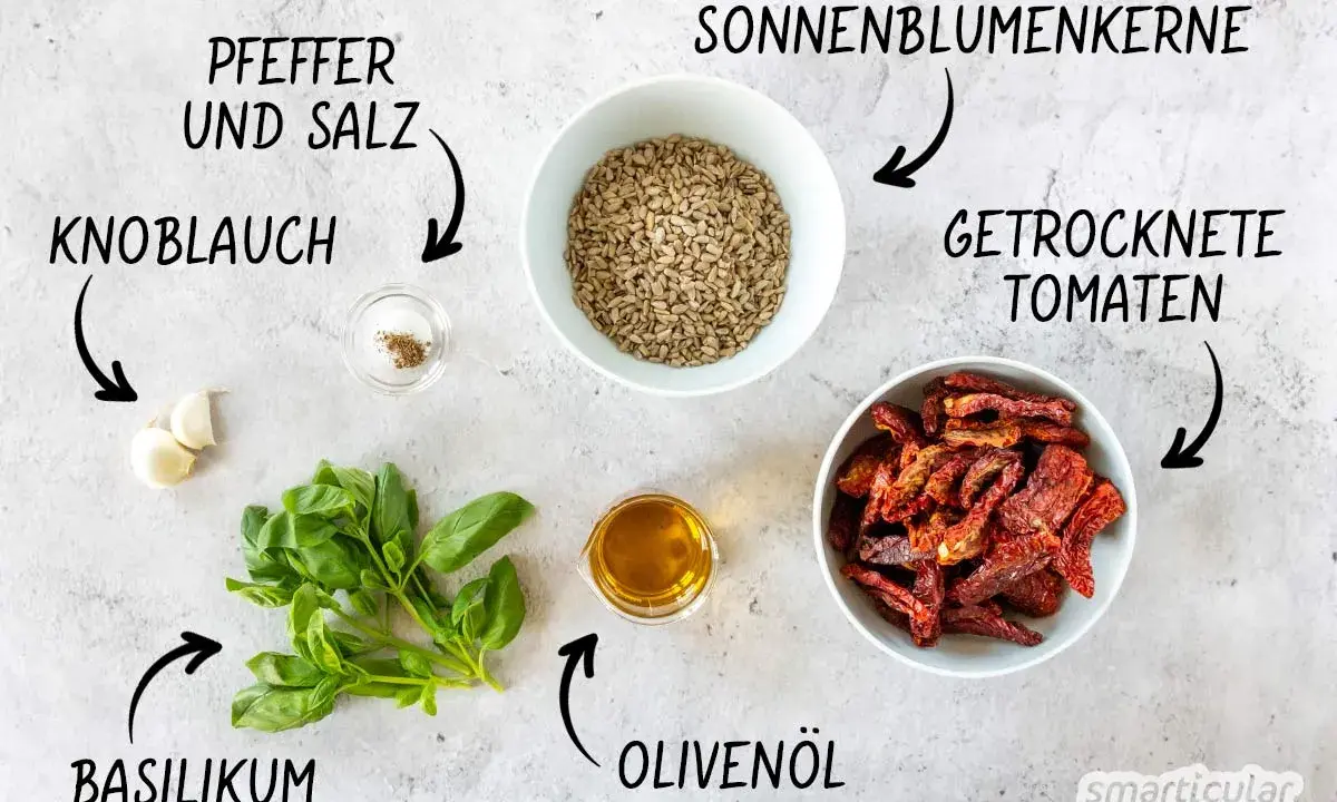 Zutaten für Pesto Rosso: Basilikum, Knoblauch, Sonnenblumenkerne, getrocknete Tomaten, Olivenöl, Pfeffer und Salz.