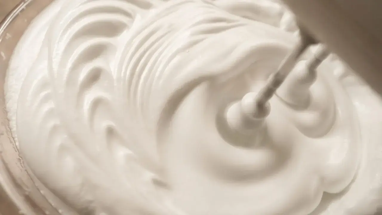 Schlagende Sahne wird mit einem Handmixer zu steifen Spitzen aufgeschlagen, bereit für köstliche Desserts.
