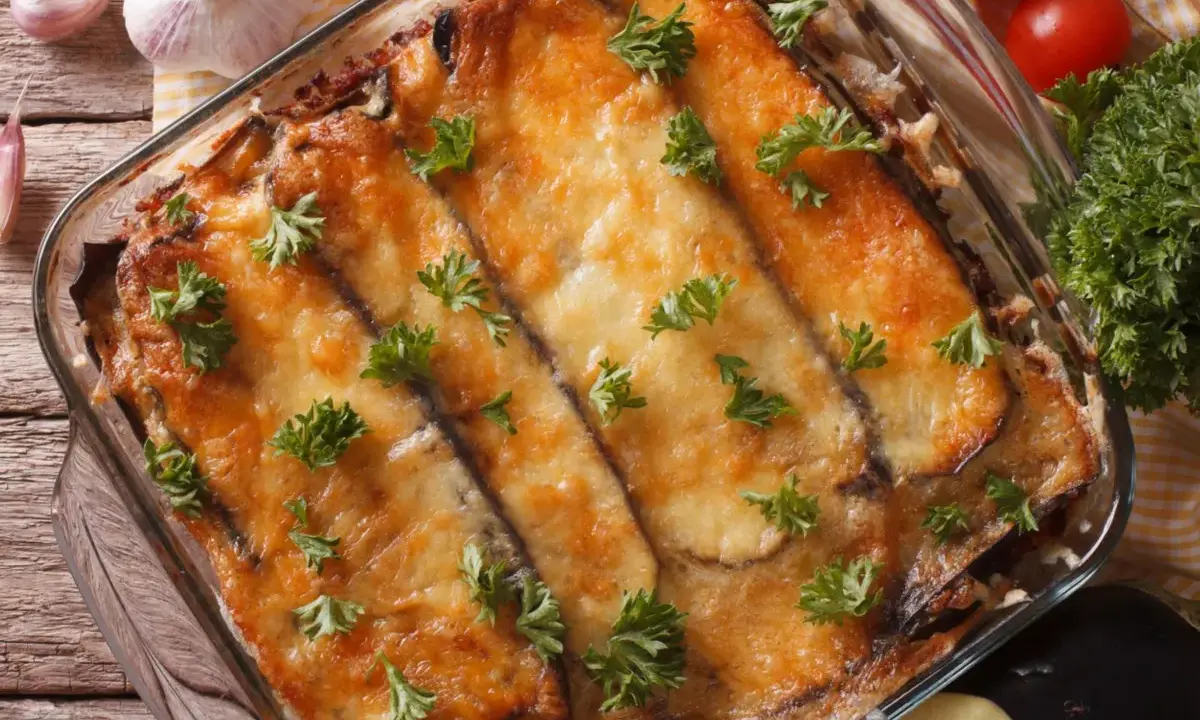 Ein Moussaka, ein Klassiker der griechischen Rezepte, in einer Auflaufform, mit geschmolzenem Käse und Petersilie garniert. Daneben liegen Knoblauch und Tomaten.