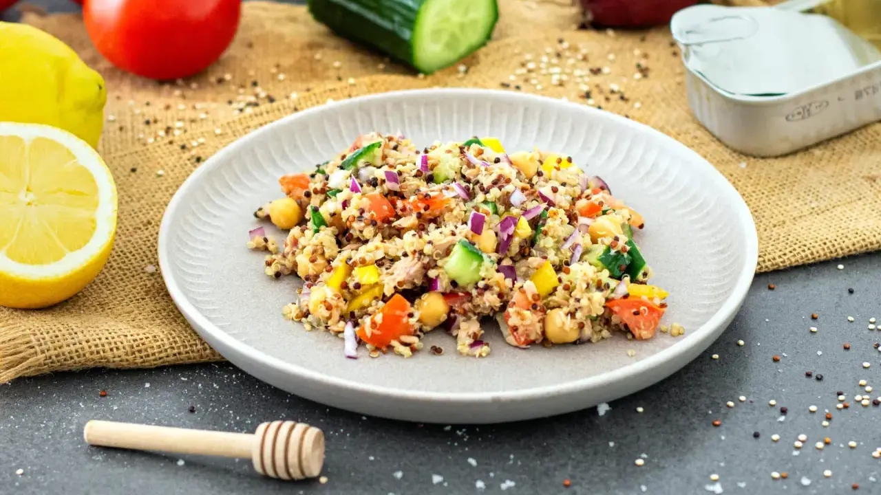 Bunter Quinoa Salat mit Kichererbsen, Tomaten, Gurken und Zwiebeln, garniert mit Zitronenspalten.