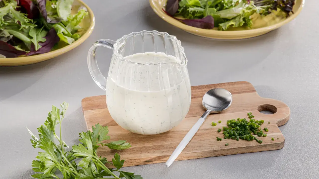 Ein Krug mit cremigem Ranch Dressing steht auf einem Holzbrett neben frischer Petersilie und Schnittlauch.