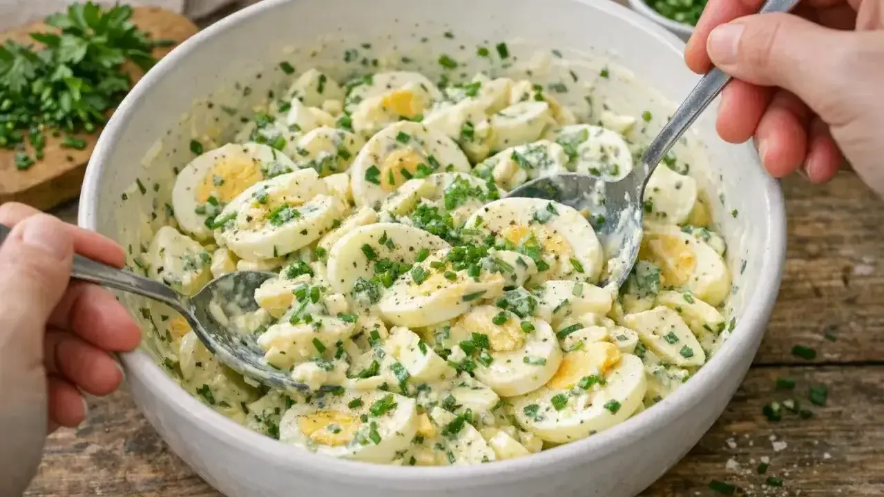 Cremiger Eiersalat mit frischen Kräutern, perfekt für ein schnelles Mittagessen. Dieses Rezept für Eiersalat ist einfach und lecker.