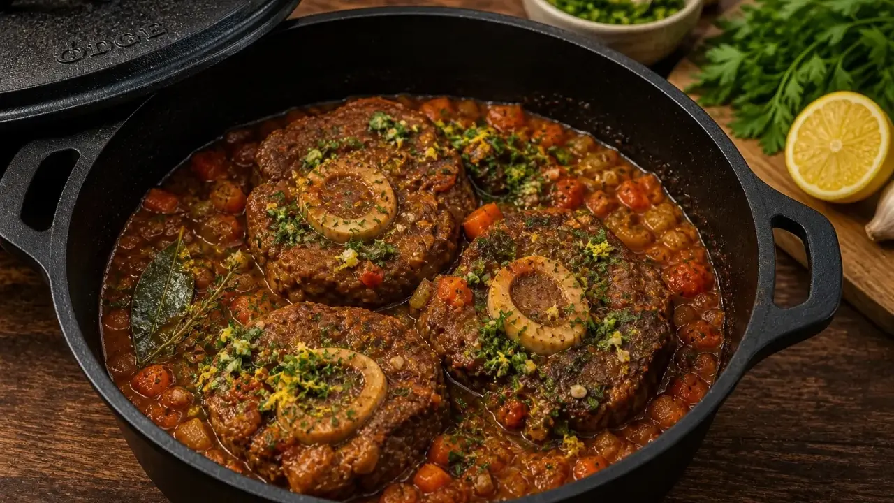 Herzhaftes Ossobuco im Gusseisentopf, ein köstliches Rezept für den Backofen. Mit Karotten und Kräutern verfeinert.