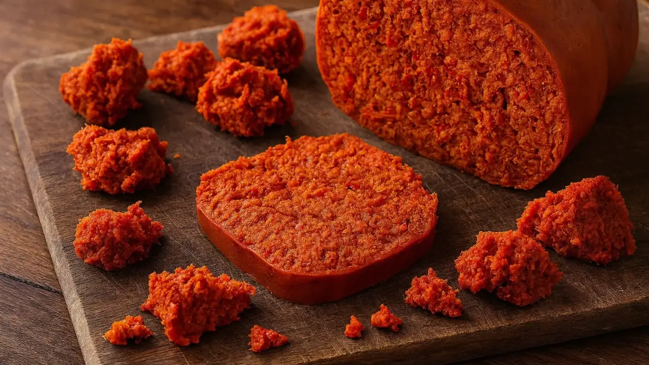Nduja deutsch: würzig-scharfe Streichwurst in verschiedenen Portionen auf Holzbrett.
