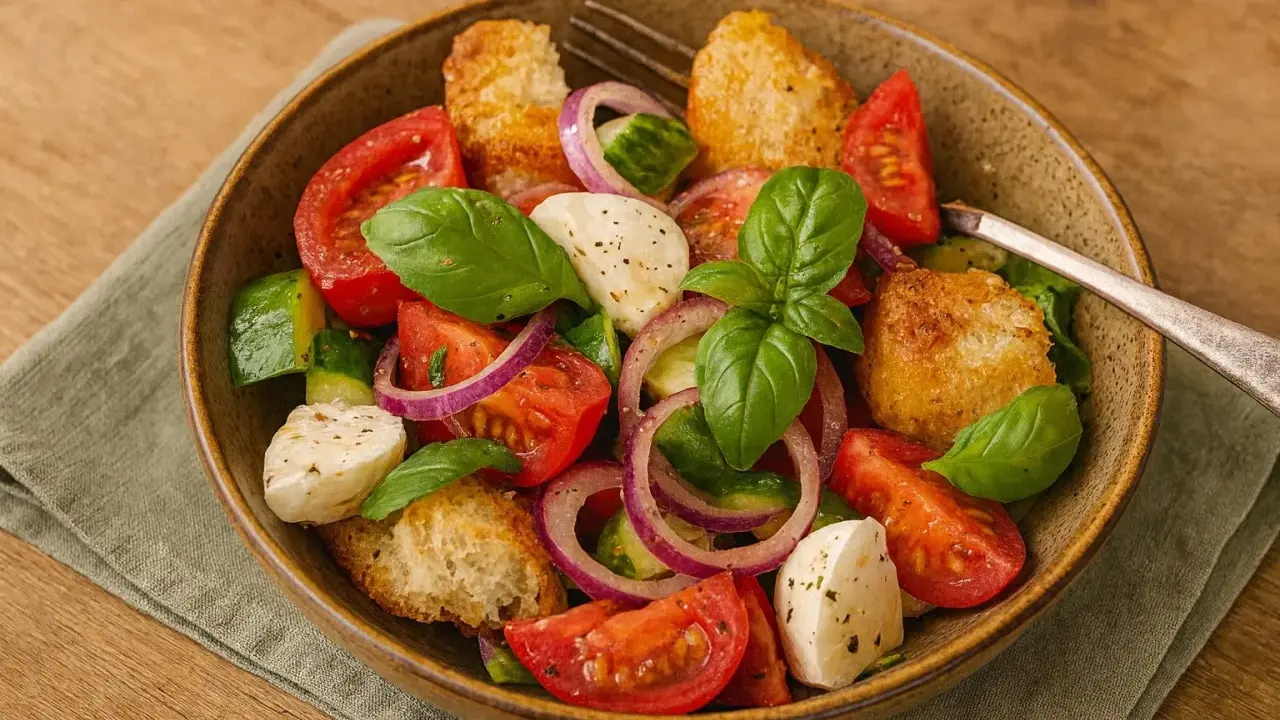 Ein köstliches Panzanella Rezept mit frischen Tomaten, Gurken, Mozzarella, roten Zwiebeln und knusprigen Brotwürfeln, garniert mit Basilikum.
