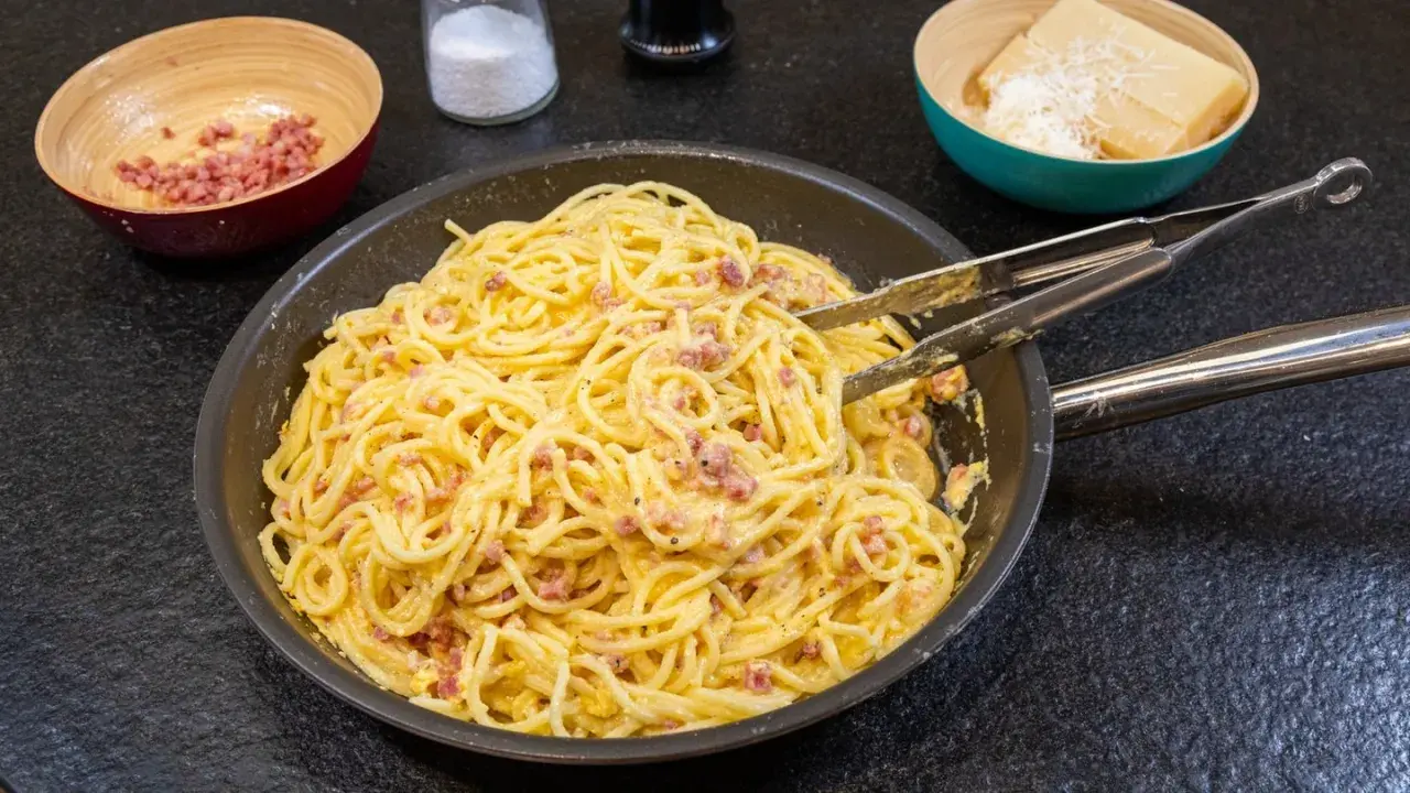 Spaghetti Carbonara, ein Klassiker der italienischen Küche, mit Speck und cremiger Eiersauce. Hier siehst du, was ist Carbonara: Nudeln, Speck und Käse.