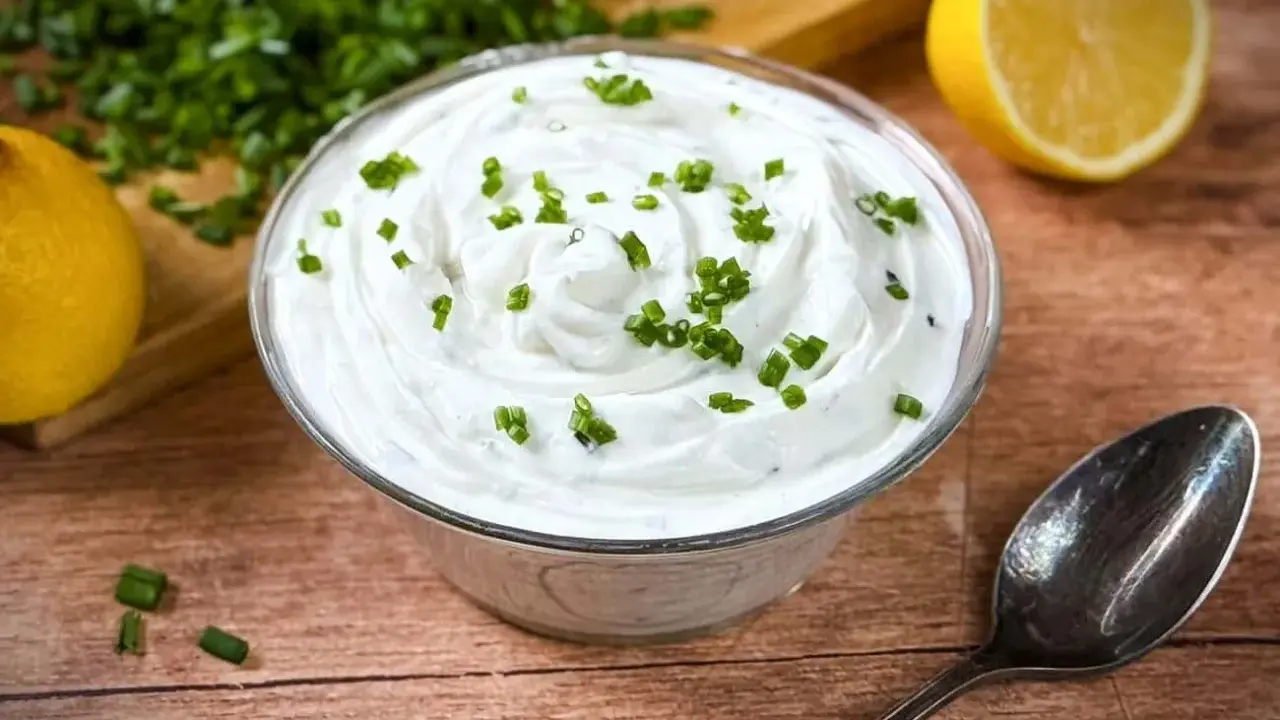 Cremige **sour cream** garniert mit Schnittlauch, daneben Zitronenspalten und ein Löffel.