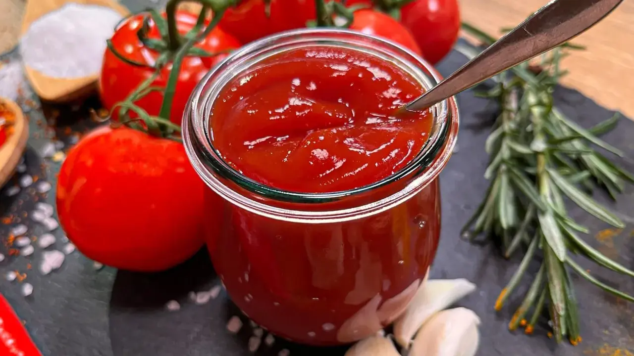 Frisches, selbstgemachtes Ketchup in einem Glas, umgeben von Tomaten, Knoblauch, Rosmarin und Gewürzen. So einfach ist Ketchup selber machen!
