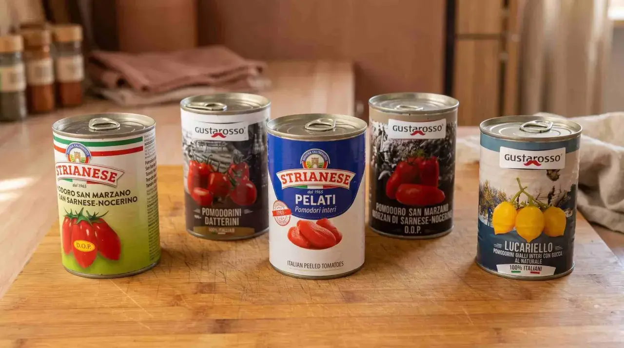 Fünf Dosen mit verschiedenen Tomatenprodukten für Pizza, darunter ganze, geschälte und Datterini-Tomaten.