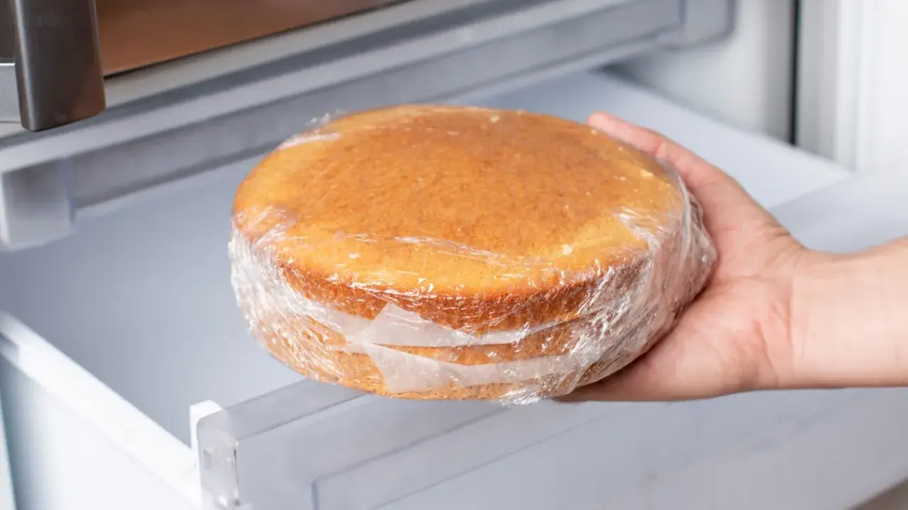 Hand nimmt einen in Frischhaltefolie eingewickelten Kuchen aus dem Kühlschrank, um ihn aufzutauen.