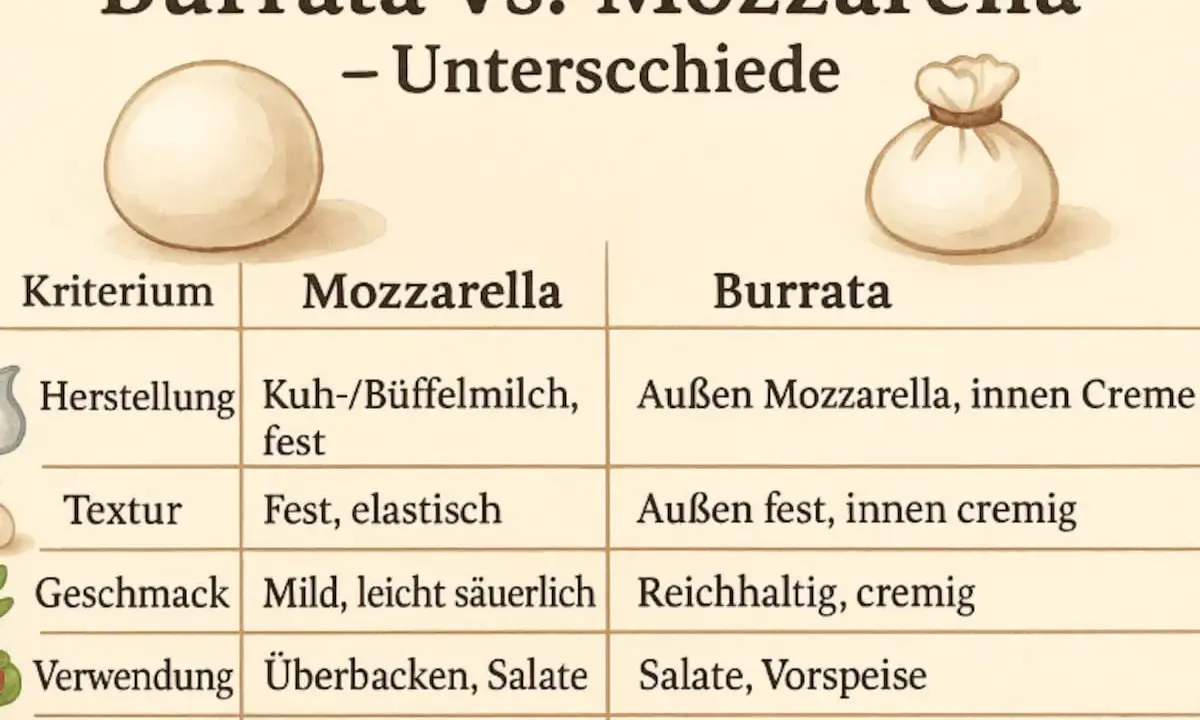 Vergleichstabelle: Was ist Burrata? Außen Mozzarella, innen cremig, reichhaltig und frisch genießen.