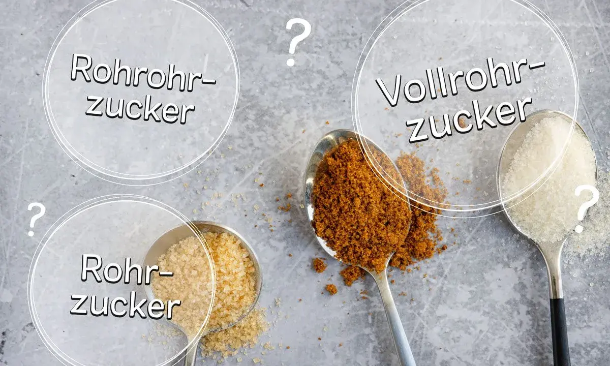 Löffel mit Rohrzucker, Vollrohrzucker und weißem Zucker. Was ist brauner Zucker? Die Unterschiede sind auf den ersten Blick erkennbar.