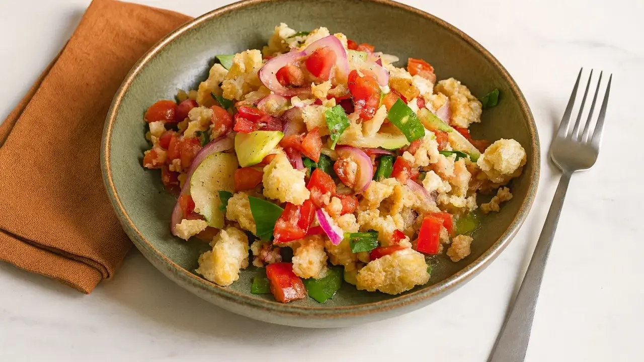Bunter Panzanella Salat mit Tomaten, Gurken, roten Zwiebeln und knusprigem Brot in einer grünen Schüssel.