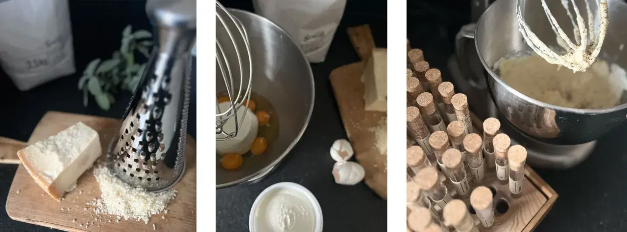 Zutaten für ein Gnudi Rezept: Parmesan, Eier, Ricotta und Gewürze.