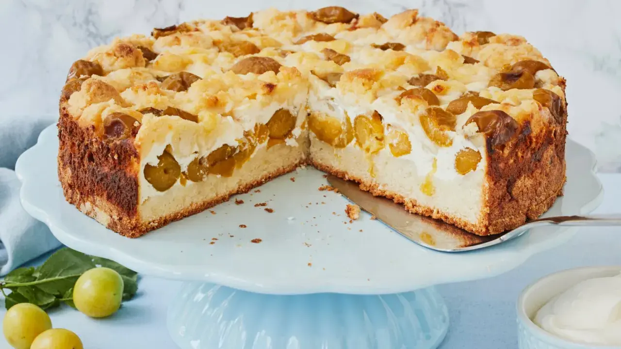 Saftiger Mirabellenkuchen mit Streuseln und einer cremigen Füllung, bereit zum Servieren.