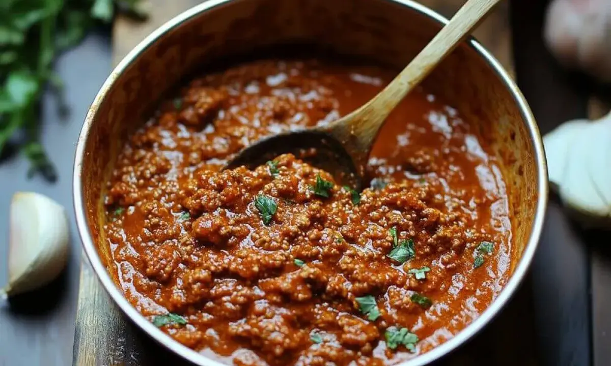 Eine Pfanne mit klassischer Bolognese, garniert mit Petersilie. Daneben liegen Knoblauch und Kräuter.