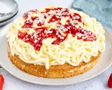 Eine Spaghettieis Torte mit Erdbeersoße und weißen Schokostückchen, die an Spaghetti erinnert.