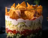 Schichtsalat im Glas: knackiger Salat, Tomaten, Käse, saure Sahne und Tortilla-Chips. Ein leckerer nacho salat.