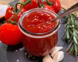 Frisches, selbstgemachtes Ketchup in einem Glas, umgeben von Tomaten, Knoblauch, Rosmarin und Gewürzen. So einfach ist Ketchup selber machen!