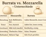 Vergleichstabelle: Was ist Burrata? Außen Mozzarella, innen cremig, reichhaltig und frisch genießen.
