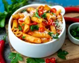 Eine Schüssel Penne all'Arrabbiata, garniert mit frischer Petersilie und Chilischeiben.
