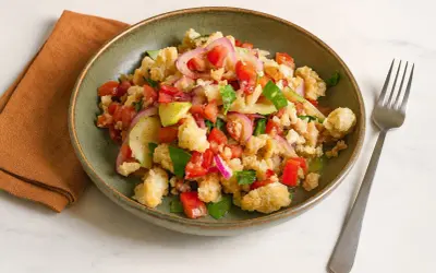 Bunter Panzanella Salat mit Tomaten, Gurken, roten Zwiebeln und knusprigem Brot in einer grünen Schüssel.