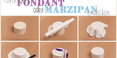 Schritt-für-Schritt-Anleitung: Fondant ausrollen tipps für Torten. Zeigt das Ausbreiten, Formen und Bedecken einer Torte mit Fondant.