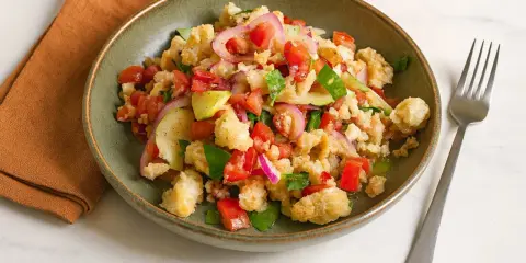 Bunter Panzanella Salat mit Tomaten, Gurken, roten Zwiebeln und knusprigem Brot in einer grünen Schüssel.
