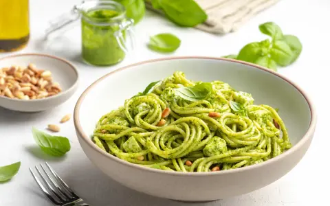 Der beste Spaghettisalat mit Pesto, garniert mit Pinienkernen und frischem Basilikum. Ein Genuss für Augen und Gaumen!