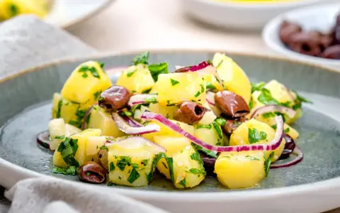 Ein köstlicher italienischer Kartoffelsalat mit Oliven, roten Zwiebeln und frischer Petersilie auf einem grauen Teller.