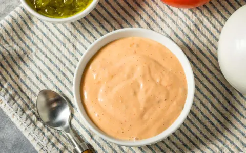 Cremige, orangefarbene Big Mac Sauce in einer Schüssel, daneben gehackte Gurken, eine Tomate und eine Zwiebel.