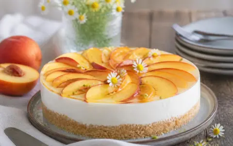 Ein köstlicher Kuchen ohne Backen, belegt mit frischen Pfirsichscheiben und kleinen Gänseblümchen.