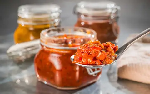 Ein Löffel voll leckerem Tomaten-Chutney, perfekt für Ihr nächstes Tomaten-Chutney-Rezept. Im Hintergrund stehen weitere Gläser mit Chutney.
