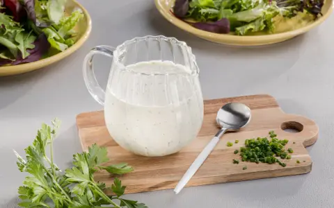 Ein Krug mit cremigem Ranch Dressing steht auf einem Holzbrett neben frischer Petersilie und Schnittlauch.
