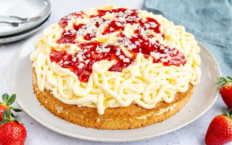 Eine Spaghettieis Torte mit Erdbeersoße und weißen Schokostückchen, die an Spaghetti erinnert.