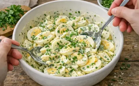 Cremiger Eiersalat mit frischen Kräutern, perfekt für ein schnelles Mittagessen. Dieses Rezept für Eiersalat ist einfach und lecker.