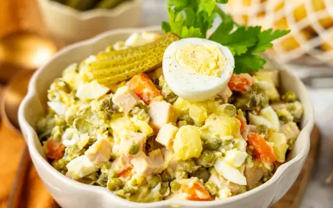 Ein köstlicher Olivier Salat, garniert mit Ei und Gurke, bereit zum Genießen.
