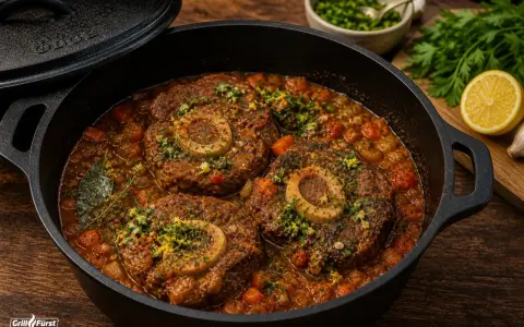 Herzhaftes Ossobuco im Gusseisentopf, ein köstliches Rezept für den Backofen. Mit Karotten und Kräutern verfeinert.