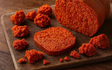 Nduja deutsch: würzig-scharfe Streichwurst in verschiedenen Portionen auf Holzbrett.