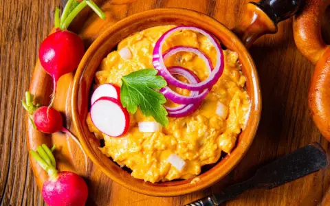 Leckeres Obazda Rezept mit Radieschen und Zwiebelringen garniert, bereit zum Genießen.