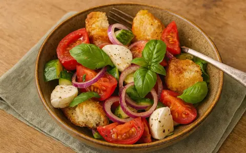 Ein köstliches Panzanella Rezept mit frischen Tomaten, Gurken, Mozzarella, roten Zwiebeln und knusprigen Brotwürfeln, garniert mit Basilikum.