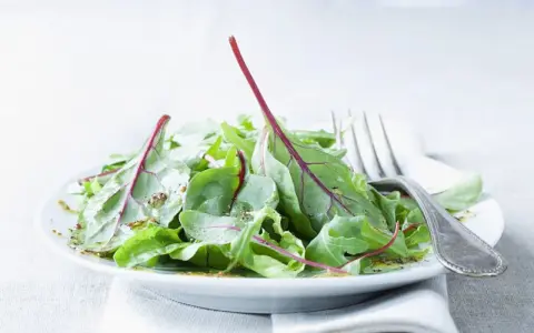 Frischer mangold salat mit roten Stielen, beträufelt mit Dressing, auf einem Teller mit einer Gabel.