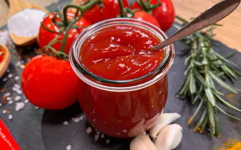 Frisches, selbstgemachtes Ketchup in einem Glas, umgeben von Tomaten, Knoblauch, Rosmarin und Gewürzen. So einfach ist Ketchup selber machen!