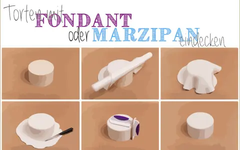 Schritt-für-Schritt-Anleitung: Fondant ausrollen tipps für Torten. Zeigt das Ausbreiten, Formen und Bedecken einer Torte mit Fondant.