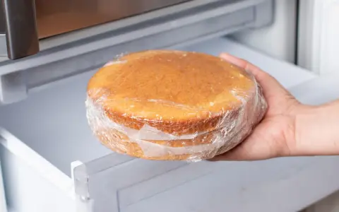 Hand nimmt einen in Frischhaltefolie eingewickelten Kuchen aus dem Kühlschrank, um ihn aufzutauen.