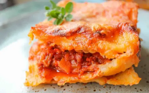 Ein Stück authentische Lasagne Bolognese, perfekt geschichtet und mit Käse überbacken. Ein echtes lasagne rezept original.