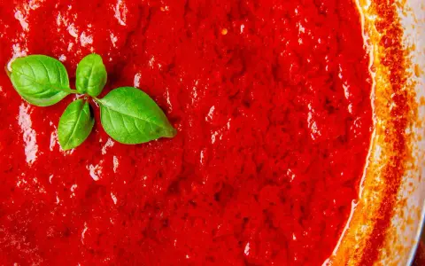 Frische, leuchtend rote italienische Tomatensauce mit Basilikumblättern, bereit für Pasta.