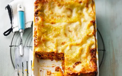 Ein frisch gebackenes, goldbraunes Lasagne Rezept original italienisch, bereit zum Servieren.